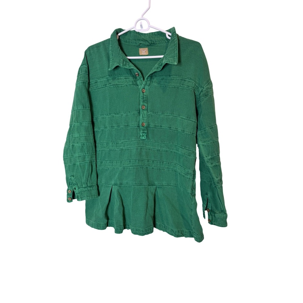 Free People Shirt Womens XS Green Terry Collared Polo Tunic Top Long Sleeve